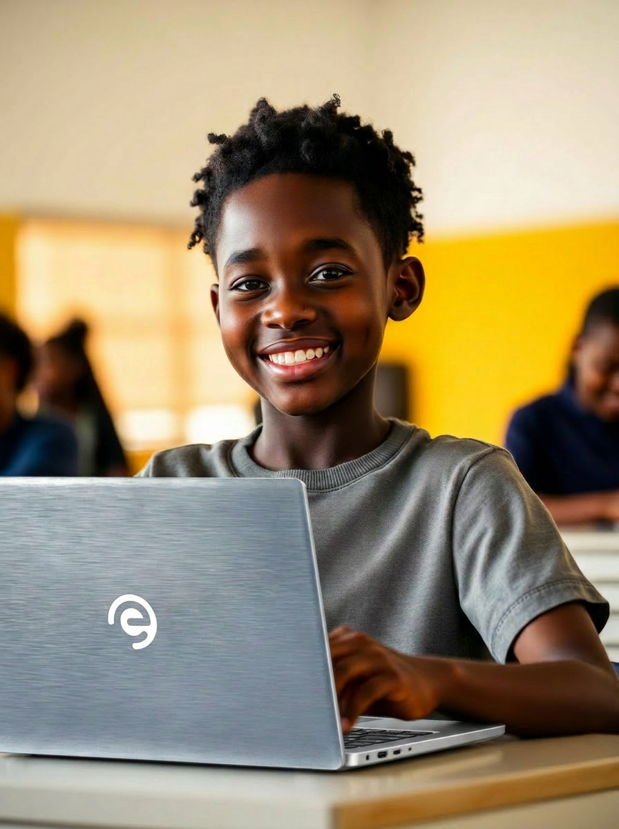 Young African student smiling while learning on a laptop in a classroom