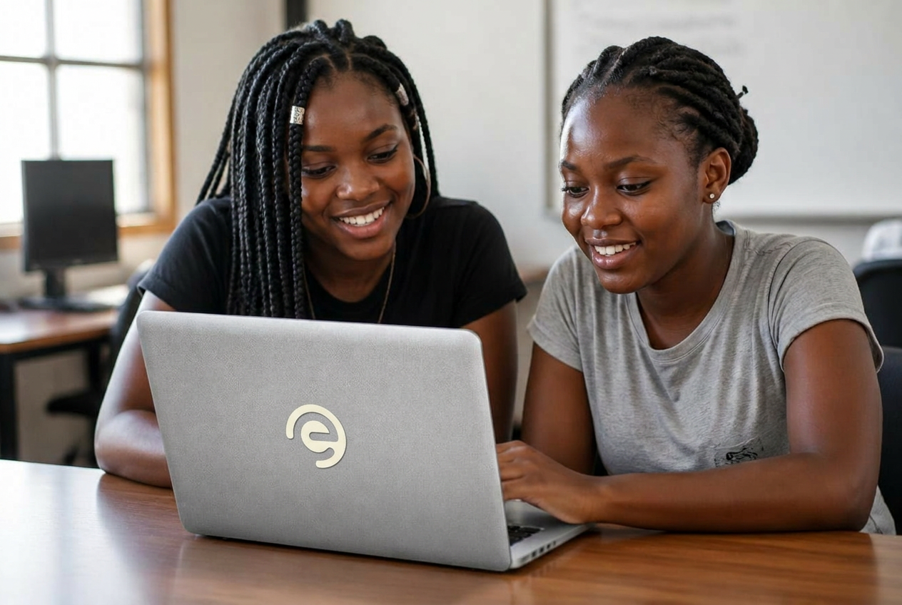Two African students collaborating on a laptop